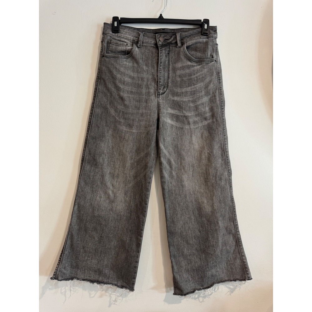 Risen Wide Leg Raw Hem Jeans Womens Size 15 32 Grey Faded High Rise Denim